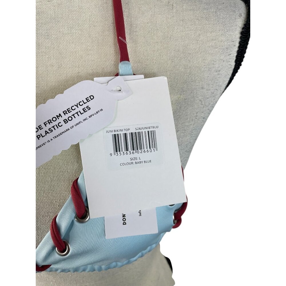 With Jéan Juni Bikini Top Baby Blue & Red Lace-Up Recycled Fabric Adjustable Hal - Picture 4 of 7